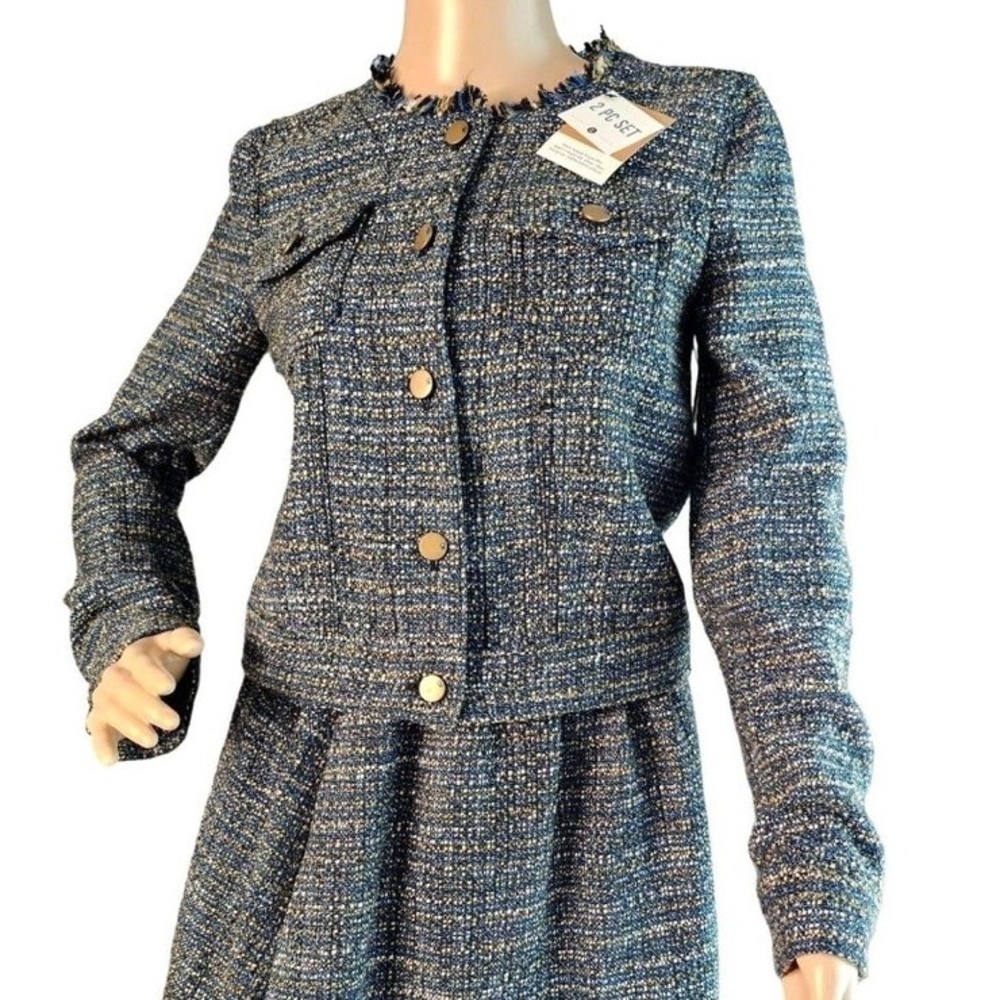 🆕 QMack Tweed Jacket Blazer with Fringe Trim in Blue Multi, Size small